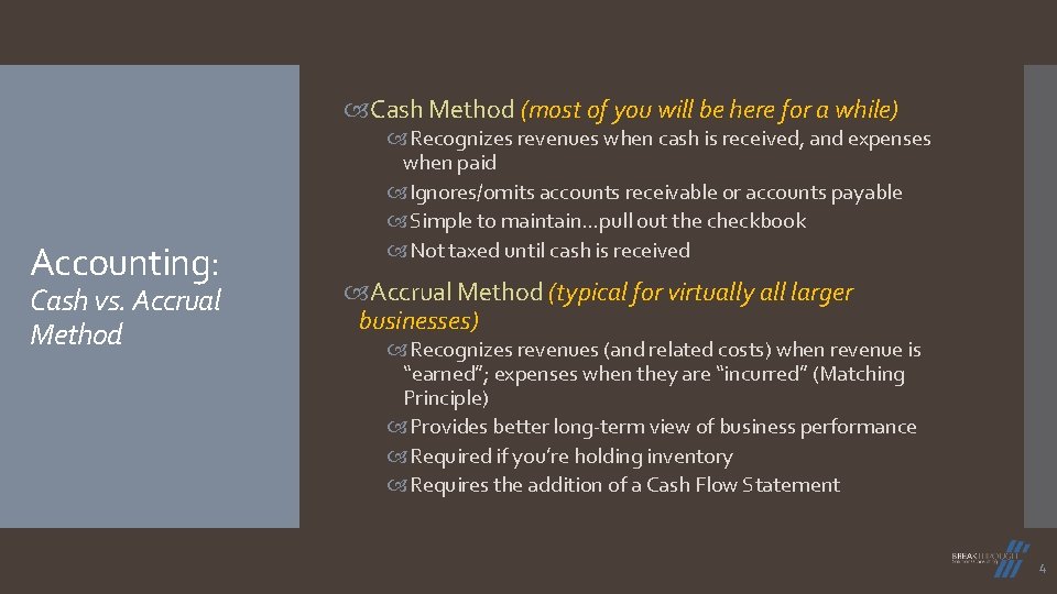 Cash Method (most of you will be here for a while) Accounting: Cash Cash Method (most of you will be here for a while) Accounting: Cash