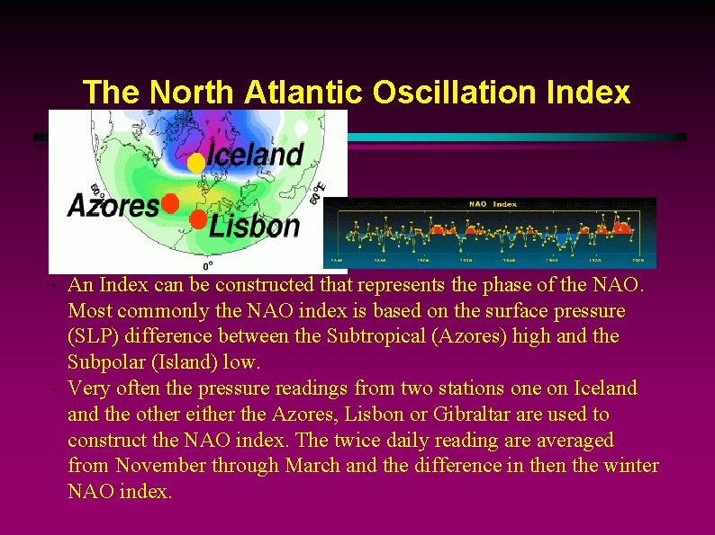 The North Atlantic Oscillation Index " " An Index can be constructed that represents