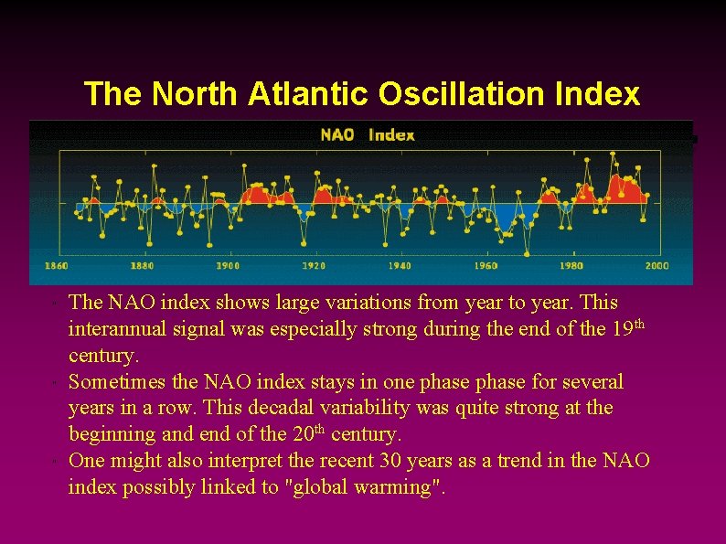 The North Atlantic Oscillation Index " " " The NAO index shows large variations