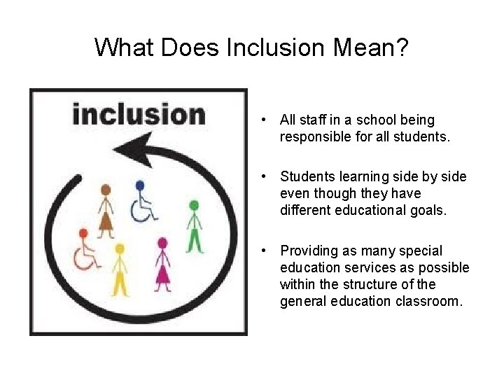 What Does Inclusion Mean? • All staff in a school being responsible for all