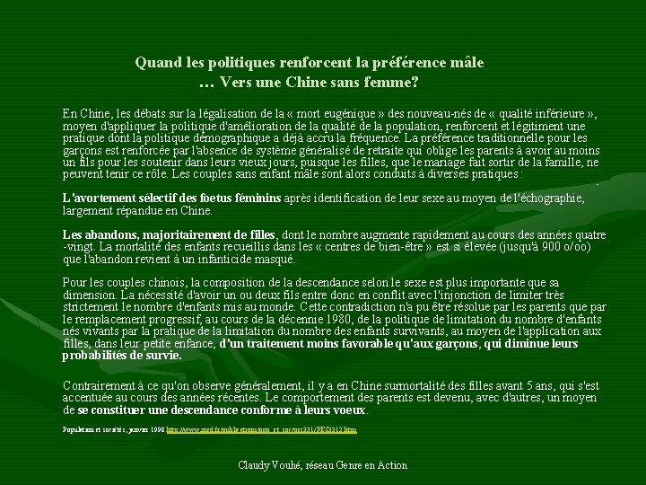 Quand les politiques renforcent la préférence mâle … Vers une Chine sans femme? En