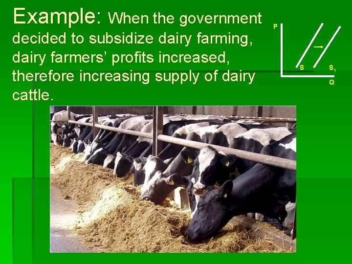 Example: When the government decided to subsidize dairy farming, dairy farmers’ profits increased, therefore