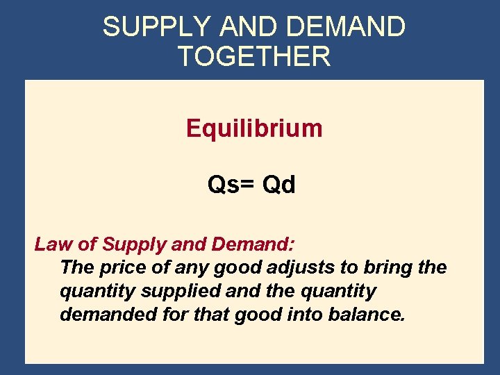 SUPPLY AND DEMAND TOGETHER Equilibrium Qs= Qd Law of Supply and Demand: The price