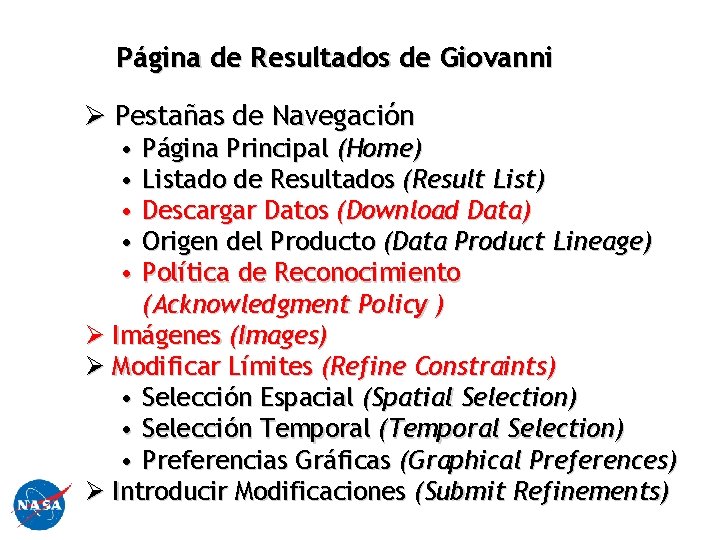 Página de Resultados de Giovanni Ø Pestañas de Navegación • Página Principal (Home) •