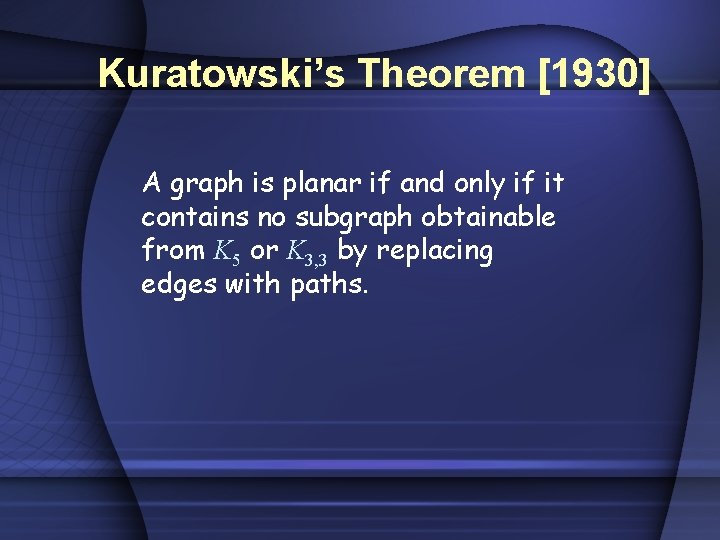 Kuratowski’s Theorem [1930] A graph is planar if and only if it contains no