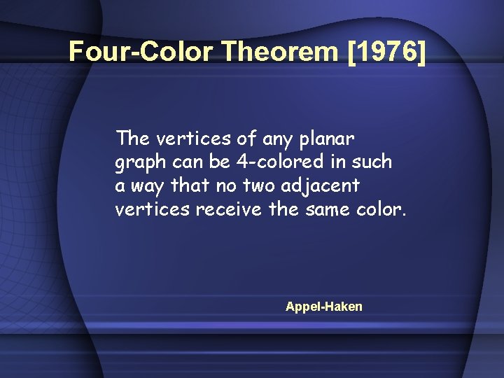 Four-Color Theorem [1976] The vertices of any planar graph can be 4 -colored in