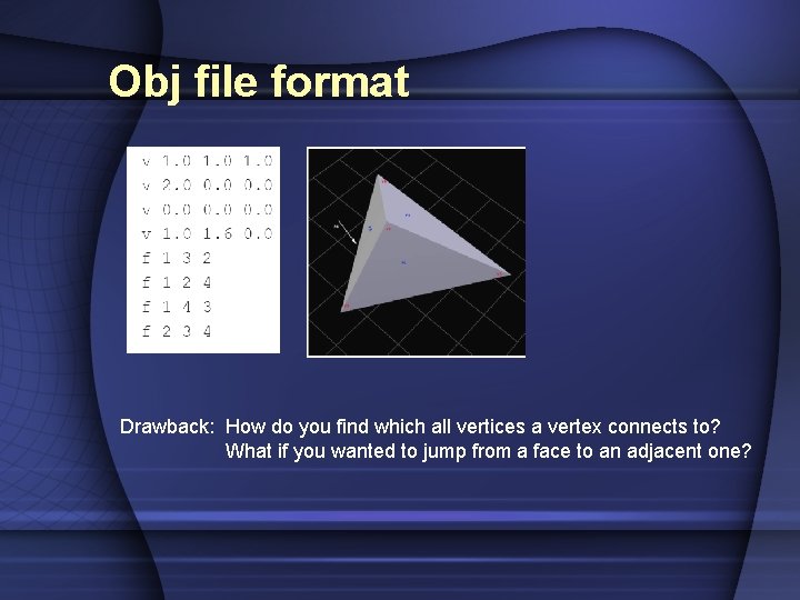 Obj file format Drawback: How do you find which all vertices a vertex connects