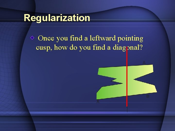 Regularization Once you find a leftward pointing cusp, how do you find a diagonal? Regularization Once you find a leftward pointing cusp, how do you find a diagonal?