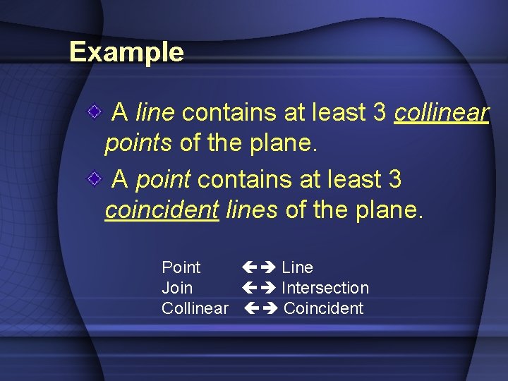 Example A line contains at least 3 collinear points of the plane. A point