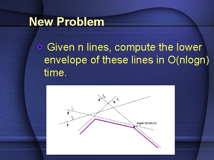 New Problem Given n lines, compute the lower envelope of these lines in O(nlogn)