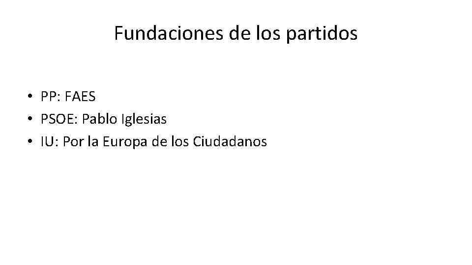 Fundaciones de los partidos • PP: FAES • PSOE: Pablo Iglesias • IU: Por