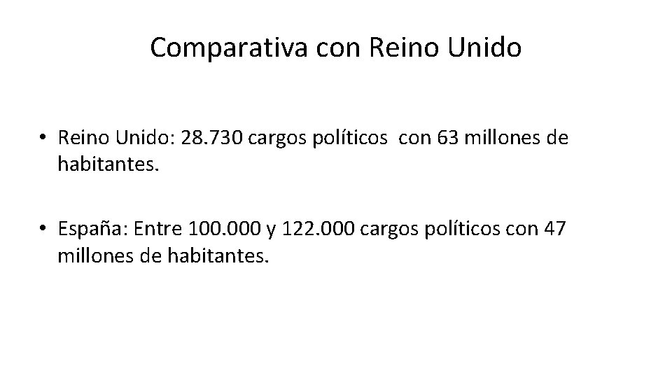 Comparativa con Reino Unido • Reino Unido: 28. 730 cargos políticos con 63 millones