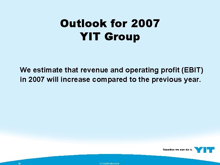 Outlook for 2007 YIT Group We estimate that revenue and operating profit (EBIT) in