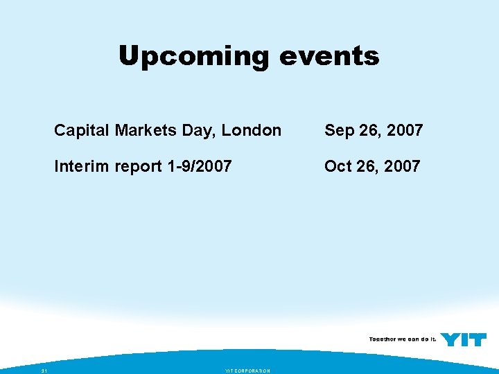 Upcoming events 31 Capital Markets Day, London Sep 26, 2007 Interim report 1 -9/2007