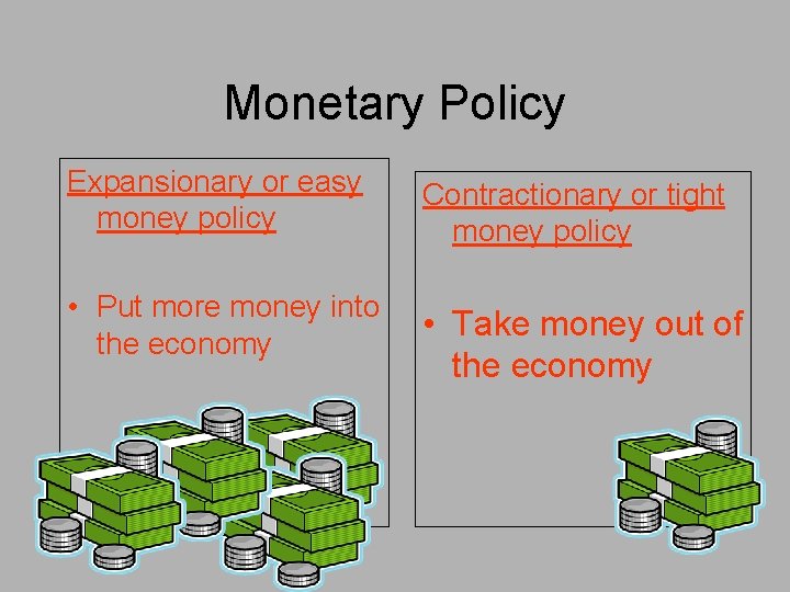 Monetary Policy Expansionary or easy money policy Contractionary or tight money policy • Put