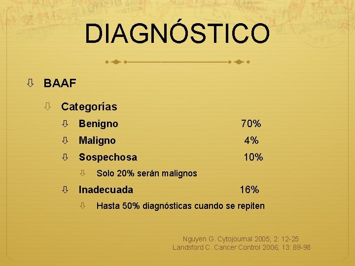 DIAGNÓSTICO BAAF Categorías Benigno 70% Maligno 4% Sospechosa 10% Solo 20% serán malignos Inadecuada