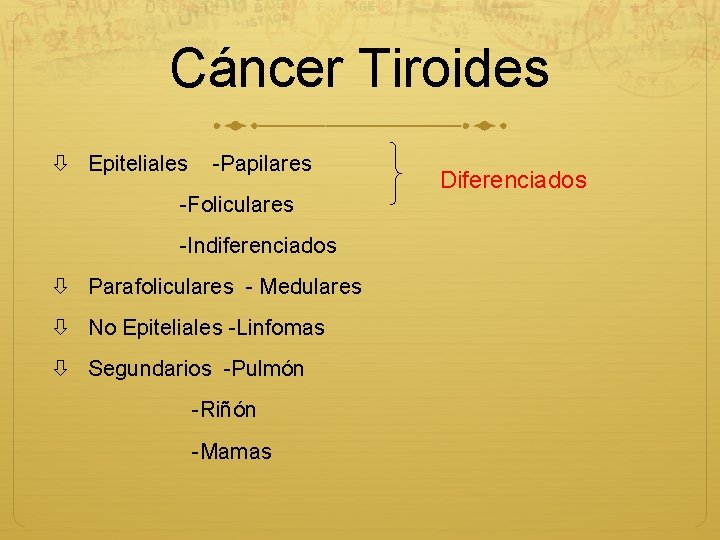 Cáncer Tiroides Epiteliales -Papilares -Foliculares -Indiferenciados Parafoliculares - Medulares No Epiteliales -Linfomas Segundarios -Pulmón