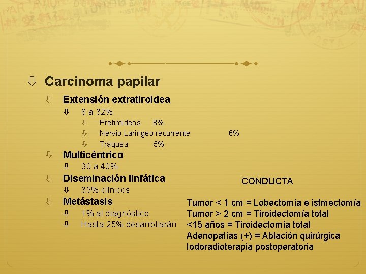  Carcinoma papilar Extensión extratiroidea 8 a 32% 30 a 40% Diseminación linfática 6%