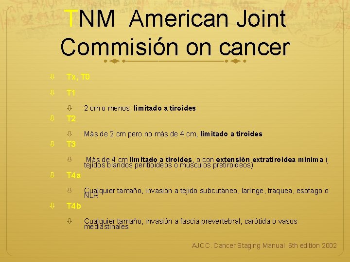 TNM American Joint Commisión on cancer Tx, T 0 T 1 T 2 Más