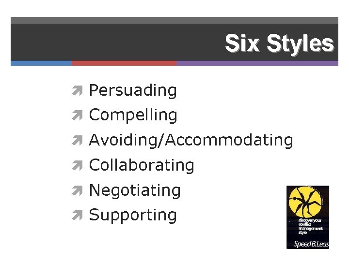 Six Styles Persuading Compelling Avoiding/Accommodating Collaborating Negotiating Supporting 