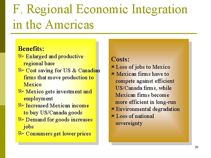 F. Regional Economic Integration in the Americas Benefits: P Enlarged and productive regional base F. Regional Economic Integration in the Americas Benefits: P Enlarged and productive regional base