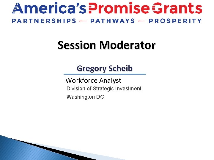 Session Moderator Gregory Scheib Workforce Analyst Division of Strategic Investment Washington DC 