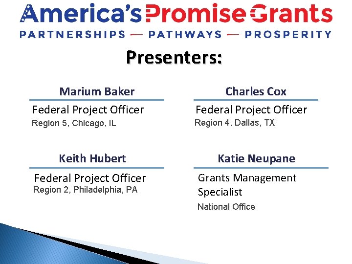 Presenters: Marium Baker Federal Project Officer Charles Cox Federal Project Officer Region 5, Chicago,