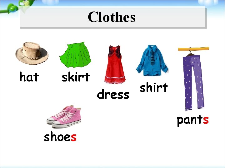 Clothes hat skirt dress shirt pants shoes 