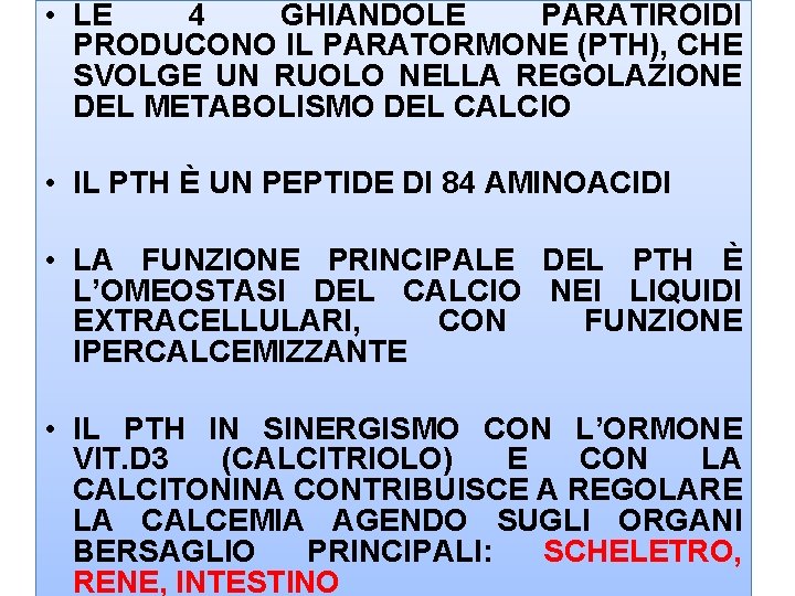  • LE 4 GHIANDOLE PARATIROIDI PRODUCONO IL PARATORMONE (PTH), CHE SVOLGE UN RUOLO