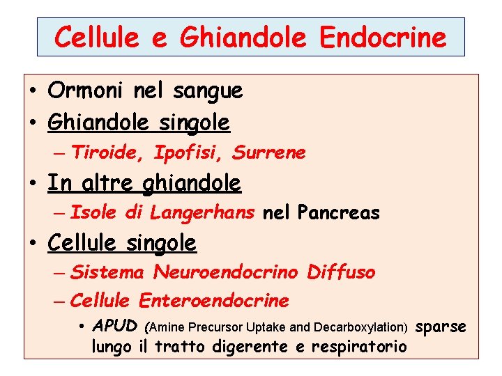 Cellule e Ghiandole Endocrine • Ormoni nel sangue • Ghiandole singole – Tiroide, Ipofisi,