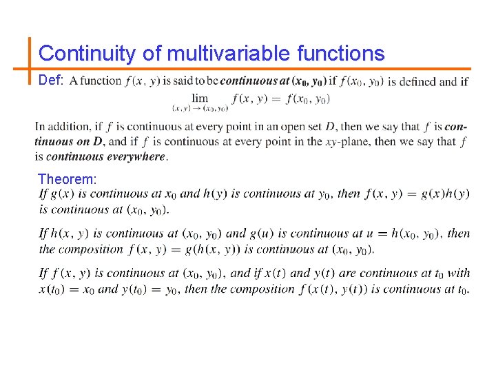 Continuity of multivariable functions Def: Theorem: 