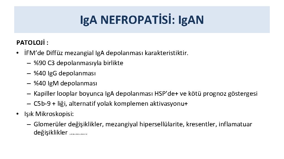Ig. A NEFROPATİSİ: Ig. AN PATOLOJİ : • İFM’de Diffüz mezangial Ig. A depolanması