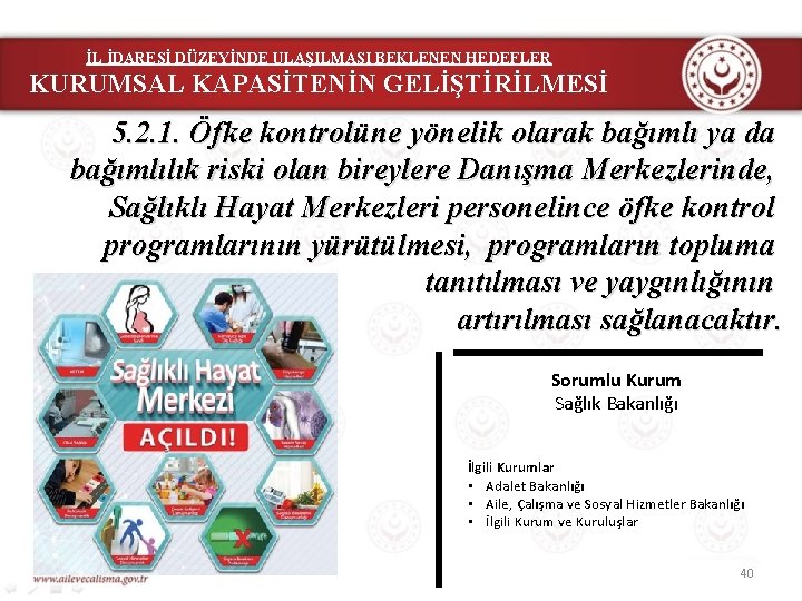 İL İDARESİ DÜZEYİNDE ULAŞILMASI BEKLENEN HEDEFLER KURUMSAL KAPASİTENİN GELİŞTİRİLMESİ 5. 2. 1. Öfke kontrolüne