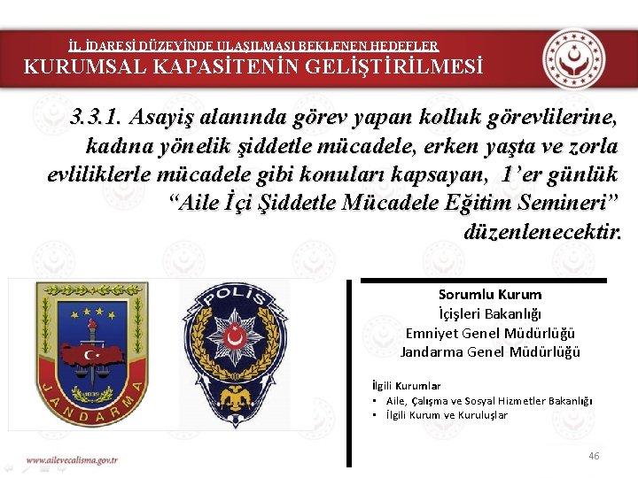 İL İDARESİ DÜZEYİNDE ULAŞILMASI BEKLENEN HEDEFLER KURUMSAL KAPASİTENİN GELİŞTİRİLMESİ 3. 3. 1. Asayiş alanında