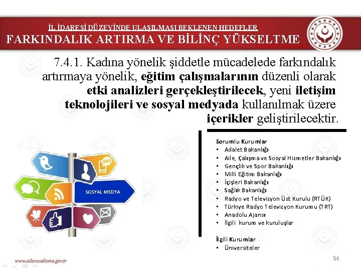 İL İDARESİ DÜZEYİNDE ULAŞILMASI BEKLENEN HEDEFLER FARKINDALIK ARTIRMA VE BİLİNÇ YÜKSELTME ORTAK HÜKÜMLER 7.