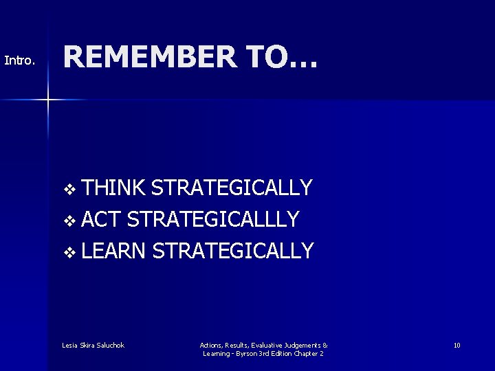 Intro. REMEMBER TO… v THINK STRATEGICALLY v ACT STRATEGICALLLY v LEARN STRATEGICALLY Lesia Skira