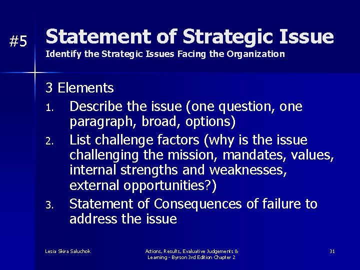 #5 Statement of Strategic Issue Identify the Strategic Issues Facing the Organization 3 Elements