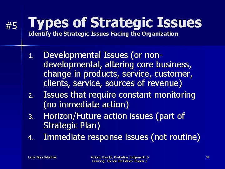 #5 Types of Strategic Issues Identify the Strategic Issues Facing the Organization 1. 2.