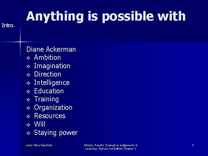 Intro. Anything is possible with Diane Ackerman v Ambition v Imagination v Direction v