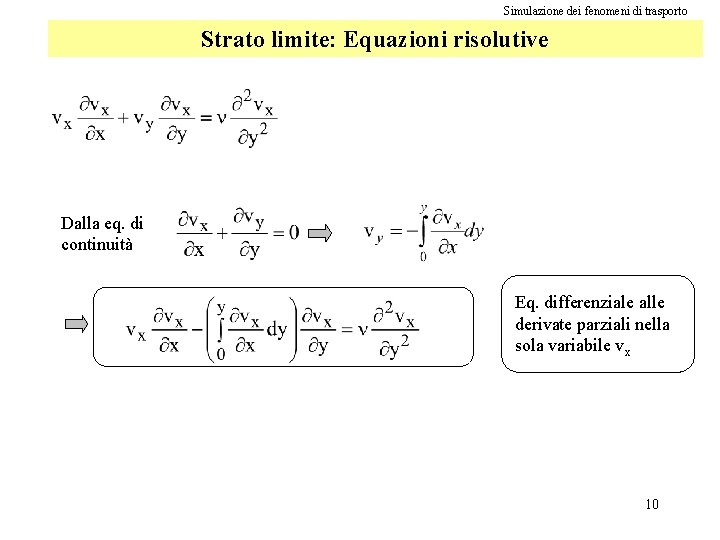 Simulazione dei fenomeni di trasporto Strato limite: Equazioni risolutive Dalla eq. di continuità Eq.