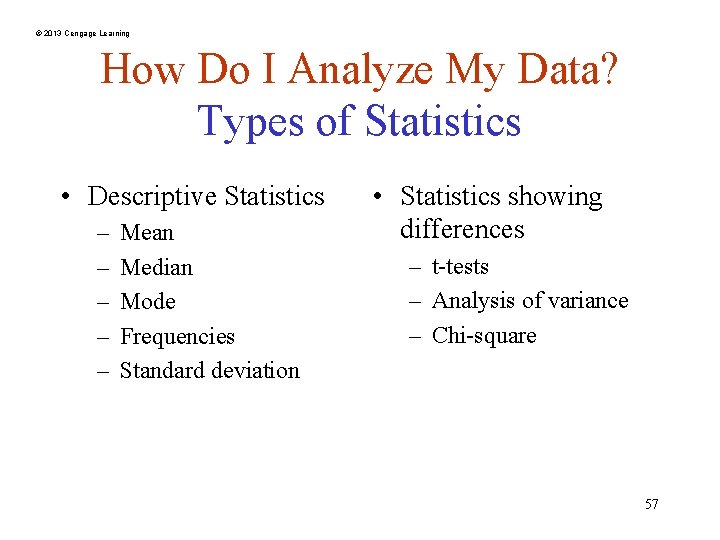 © 2013 Cengage Learning How Do I Analyze My Data? Types of Statistics •