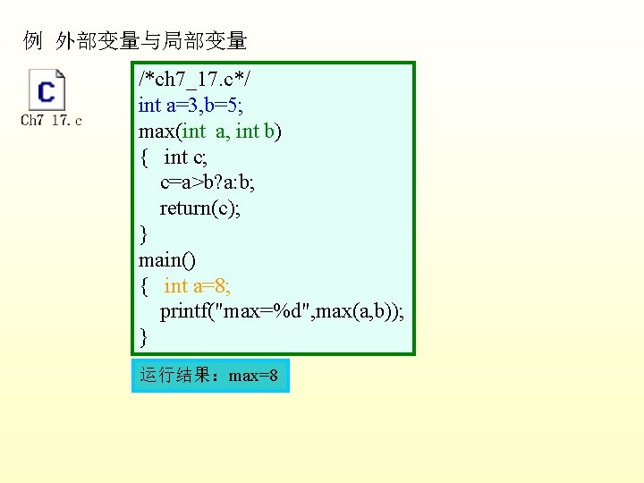 例 外部变量与局部变量 /*ch 7_17. c*/ int a=3, b=5; max(int a, int b) { int