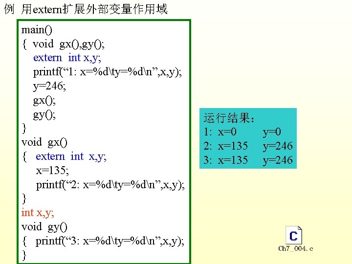 例 用extern扩展外部变量作用域 main() { void gx(), gy(); extern int x, y; printf(“ 1: x=%dty=%dn”,