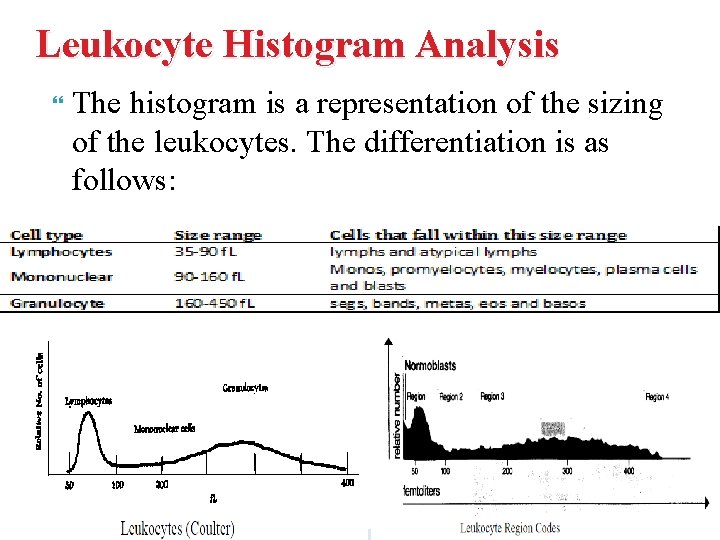 Leukocyte Histogram Analysis The histogram is a representation of the sizing of the leukocytes.