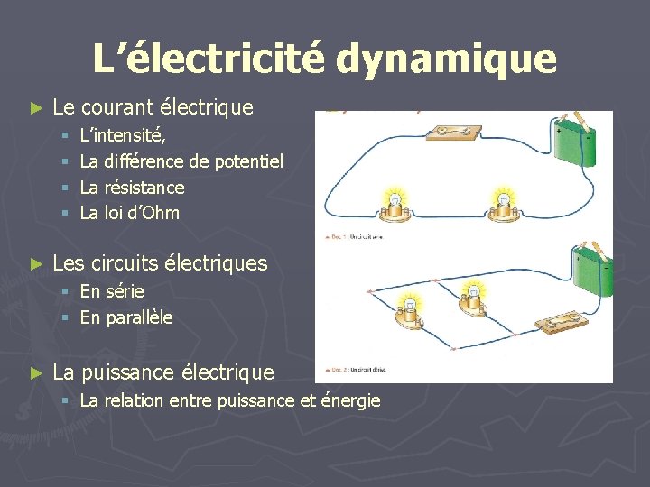 L’électricité dynamique ► Le courant électrique § § ► L’intensité, La différence de potentiel