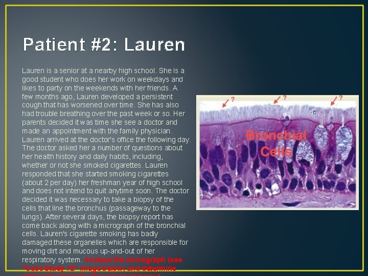 Patient #2: Lauren is a senior at a nearby high school. She is a