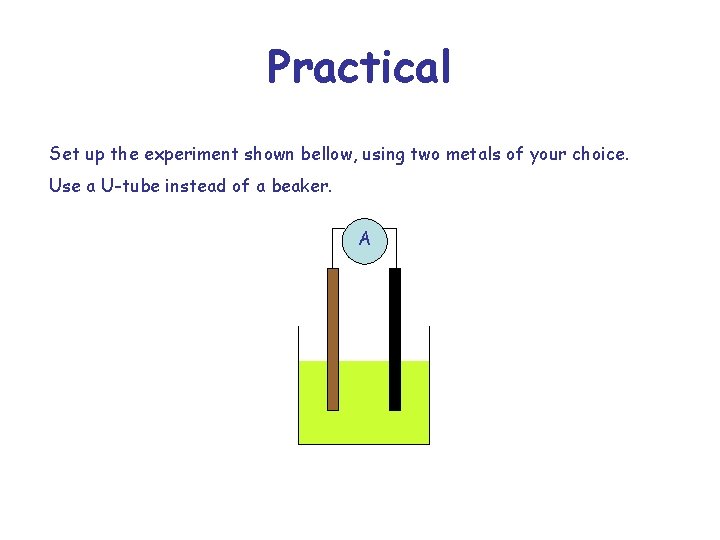 Practical Set up the experiment shown bellow, using two metals of your choice. Use