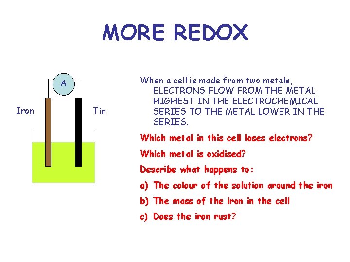 MORE REDOX A Iron Tin When a cell is made from two metals, ELECTRONS