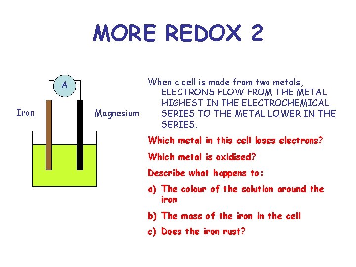 MORE REDOX 2 A Iron When a cell is made from two metals, ELECTRONS