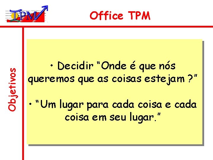 Objetivos Office TPM • Decidir “Onde é que nós queremos que as coisas estejam